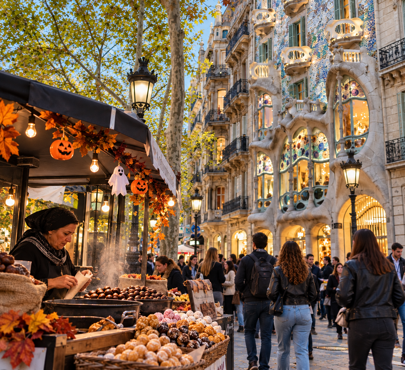 Mercato d'autunno davanti a Casa Batlló durante Halloween a Barcellona
