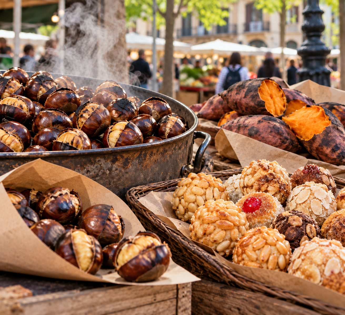 Mercato di strada con castagne, patate dolci e dolcetti della Castanyada